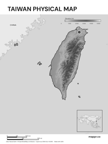 Map featuring Taipei, the capital of Taiwan, with rich topographical detail (black and white).