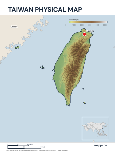 Map featuring Taipei, the capital of Taiwan, with rich topographical detail.