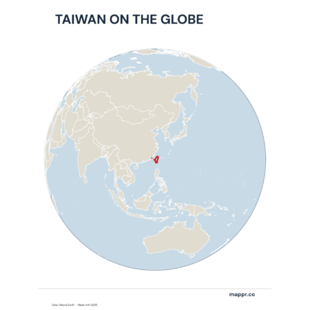 A map highlighting Taiwan's location on a globe, marked with a red outline.
