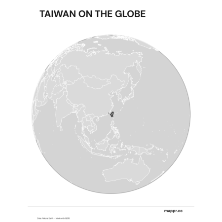 A map highlighting Taiwan's location on a globe, marked with a red outline (black and white).