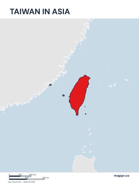A map highlighting Taiwan's location on the asian continent.