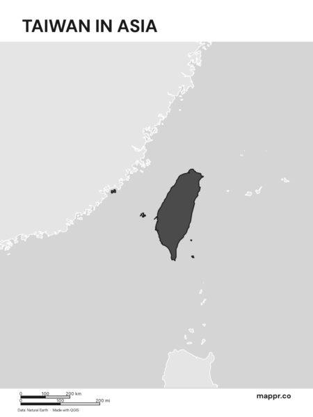 A map highlighting Taiwan's location on the asian continent (black and white).