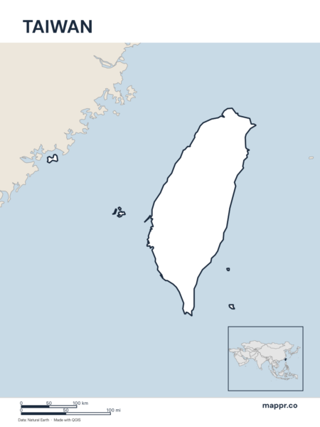 Outline map of Taiwan with detailed country borders.