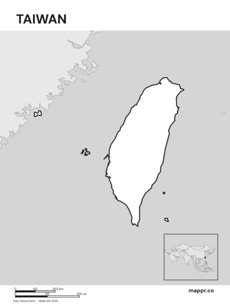 Outline map of Taiwan with detailed country borders (black and white).