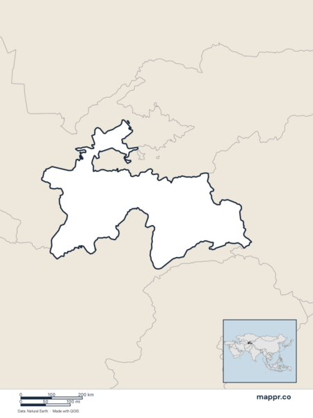 Blank political map of Tajikistan showing its international borders without labels.