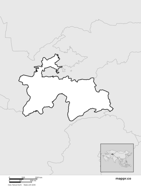 Blank political map of Tajikistan showing its international borders without labels (black and white).
