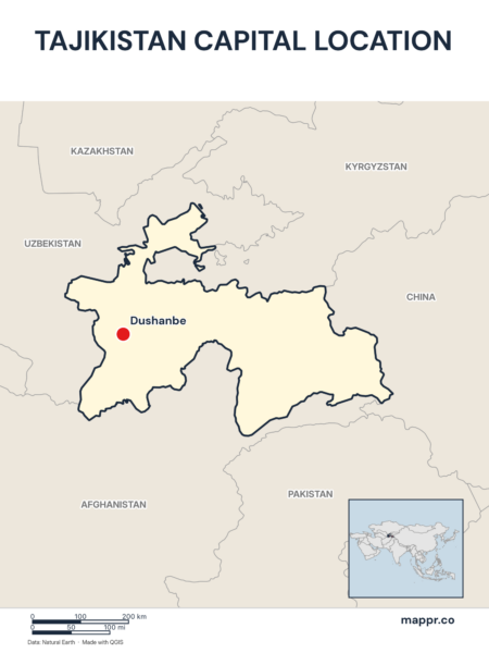 Detailed map pinpointing Dushanbe, the capital of Tajikistan.