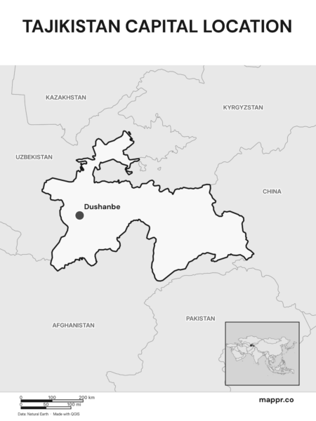 Detailed map pinpointing Dushanbe, the capital of Tajikistan (black and white).