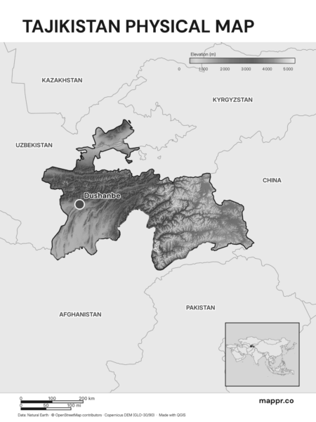 Map featuring Dushanbe, the capital of Tajikistan, with rich topographical detail (black and white).