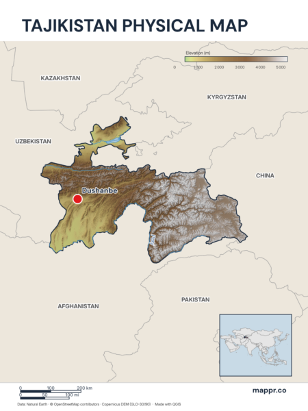 Map featuring Dushanbe, the capital of Tajikistan, with rich topographical detail.