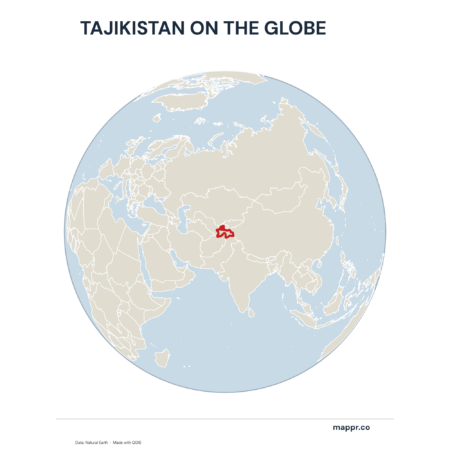 A map highlighting Tajikistan's location on a globe, marked with a red outline.