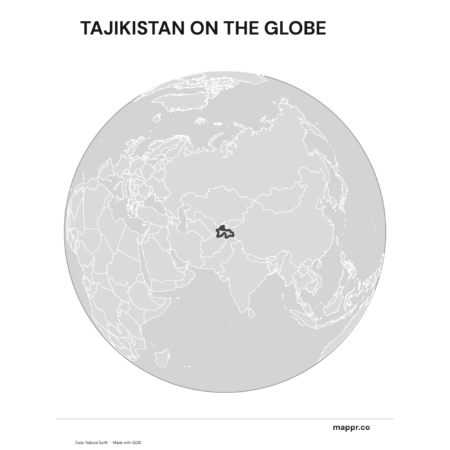 A map highlighting Tajikistan's location on a globe, marked with a red outline (black and white).