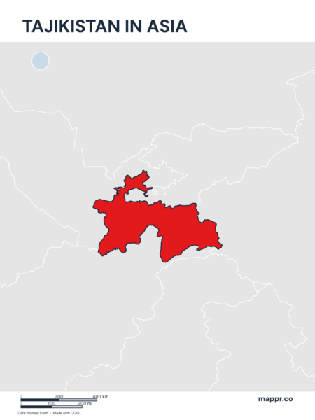 A map highlighting Tajikistan's location on the asian continent.