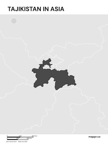 A map highlighting Tajikistan's location on the asian continent (black and white).