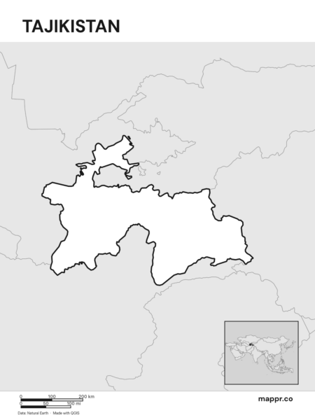Outline map of Tajikistan with detailed country borders (black and white).