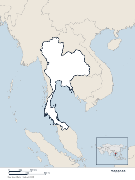 Blank political map of Thailand showing its international borders without labels.