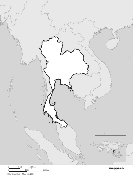 Blank political map of Thailand showing its international borders without labels (black and white).