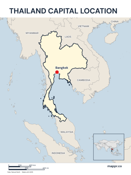 Detailed map pinpointing Bangkok, the capital of Thailand.
