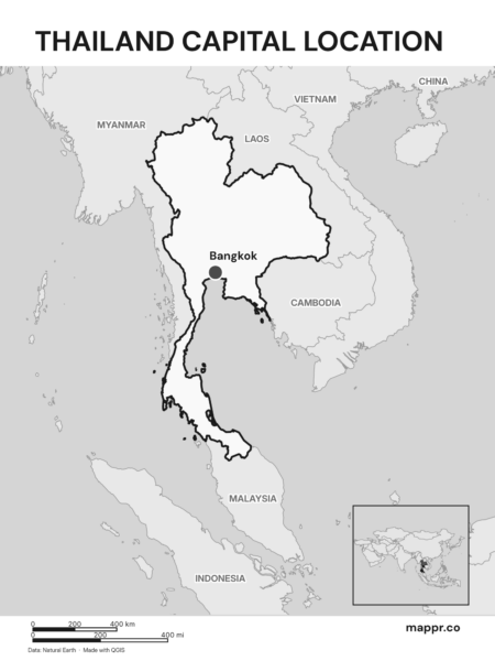 Detailed map pinpointing Bangkok, the capital of Thailand (black and white).