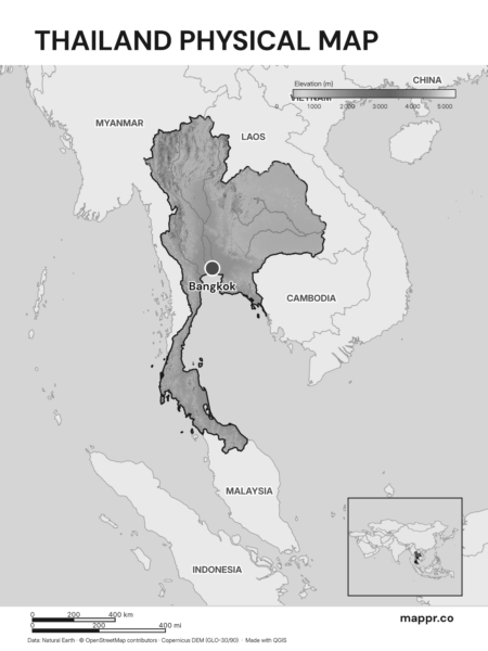 Map featuring Bangkok, the capital of Thailand, with rich topographical detail (black and white).