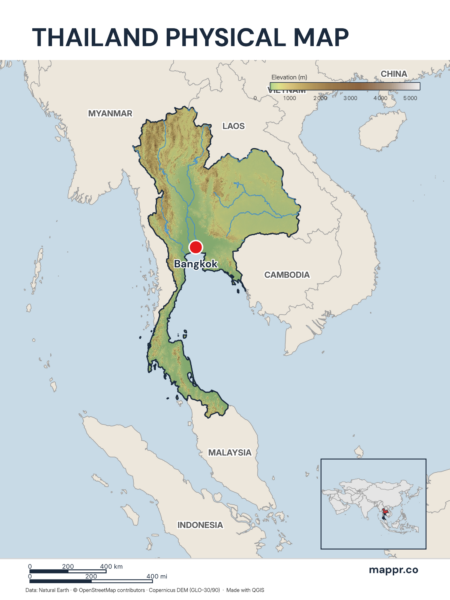 Map featuring Bangkok, the capital of Thailand, with rich topographical detail.