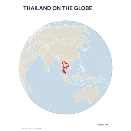 A map highlighting Thailand's location on a globe, marked with a red outline.