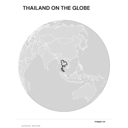 A map highlighting Thailand's location on a globe, marked with a red outline (black and white).