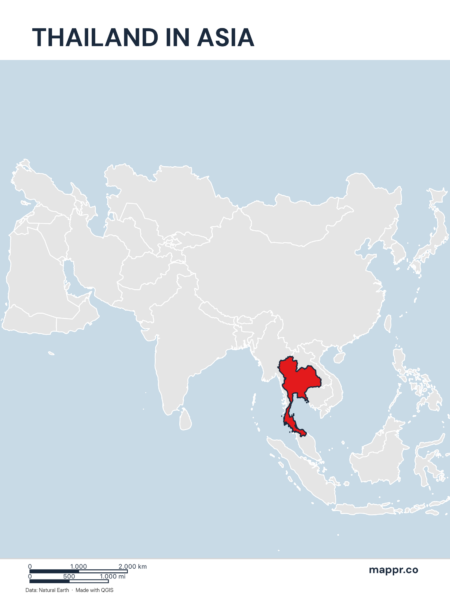 A map highlighting Thailand's location on the asian continent.