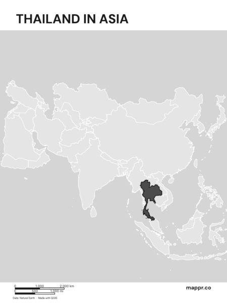 A map highlighting Thailand's location on the asian continent (black and white).