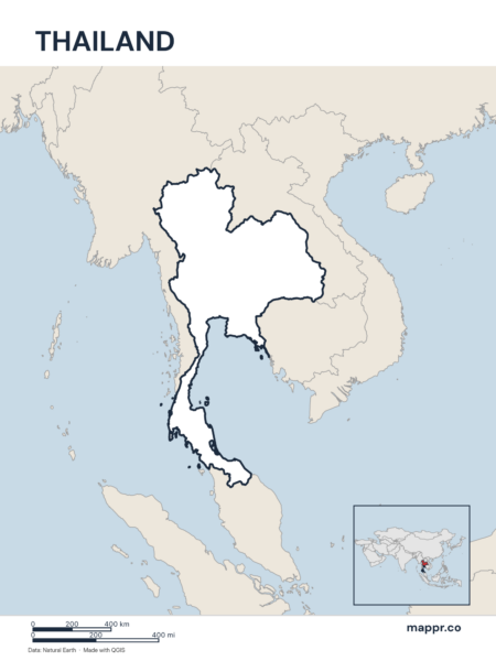 Outline map of Thailand with detailed country borders.