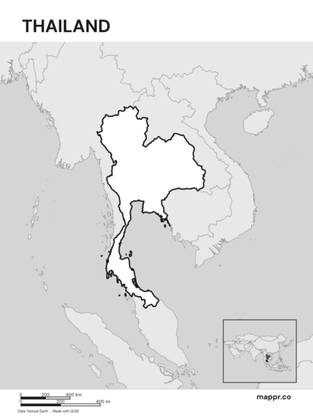 Outline map of Thailand with detailed country borders (black and white).