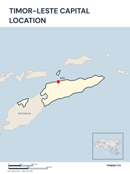 Detailed map pinpointing Dili, the capital of Timor-Leste.