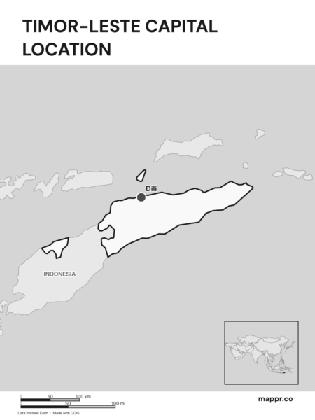 Detailed map pinpointing Dili, the capital of Timor-Leste (black and white).