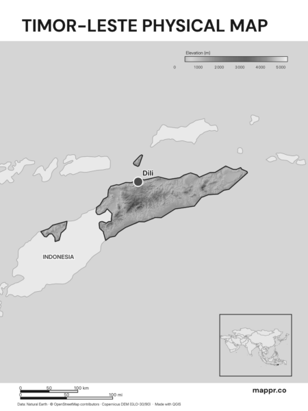 Map featuring Dili, the capital of Timor-Leste, with rich topographical detail (black and white).