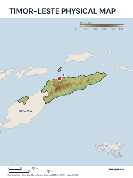 Map featuring Dili, the capital of Timor-Leste, with rich topographical detail.