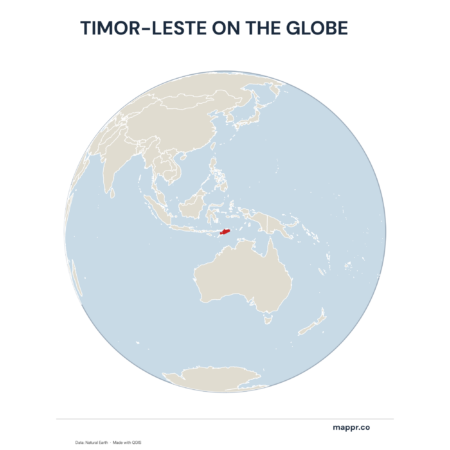 A map highlighting Timor-Leste's location on a globe, marked with a red outline.