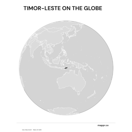 A map highlighting Timor-Leste's location on a globe, marked with a red outline (black and white).