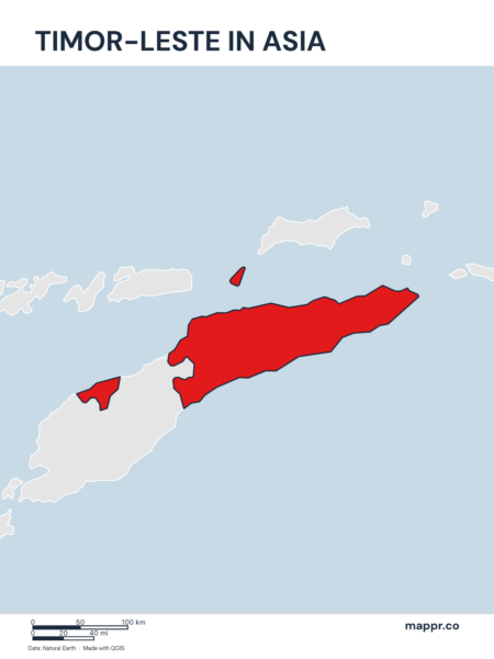 A map highlighting Timor-Leste's location on the asian continent.