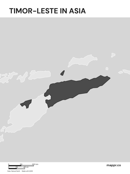 A map highlighting Timor-Leste's location on the asian continent (black and white).