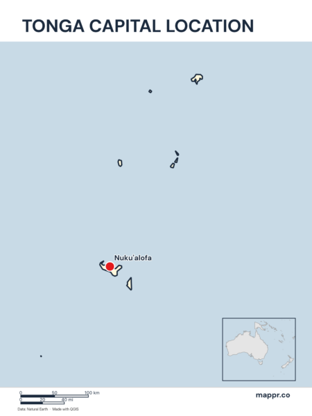 Detailed map pinpointing Nuku'alofa, the capital of Tonga.