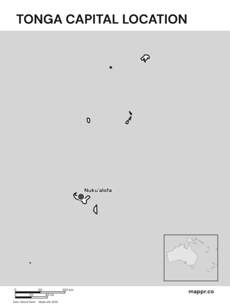 Detailed map pinpointing Nuku'alofa, the capital of Tonga (black and white).