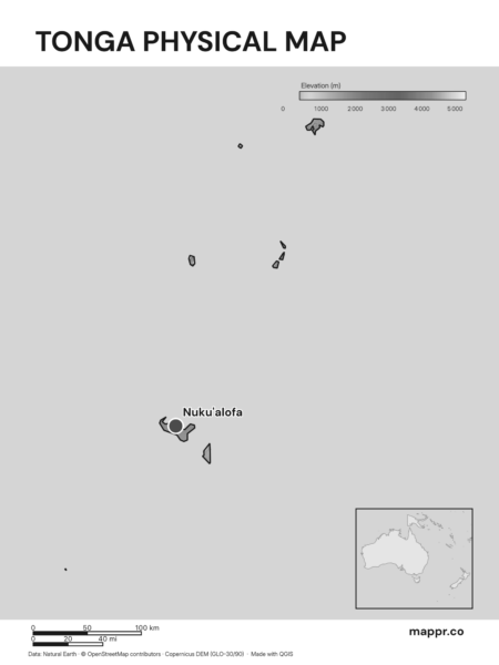 Map featuring Nuku'alofa, the capital of Tonga, with rich topographical detail (black and white).