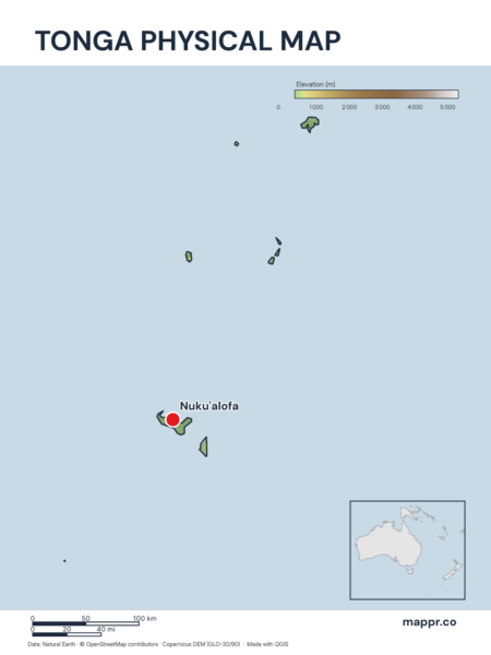 Map featuring Nuku'alofa, the capital of Tonga, with rich topographical detail.