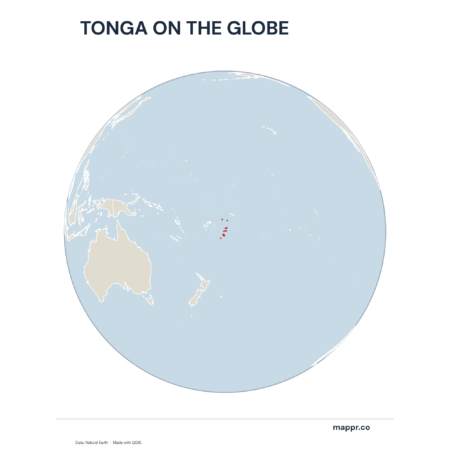 A map highlighting Tonga's location on a globe, marked with a red outline.