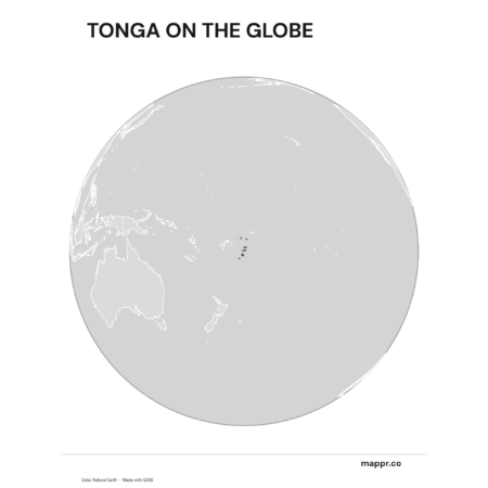 A map highlighting Tonga's location on a globe, marked with a red outline (black and white).