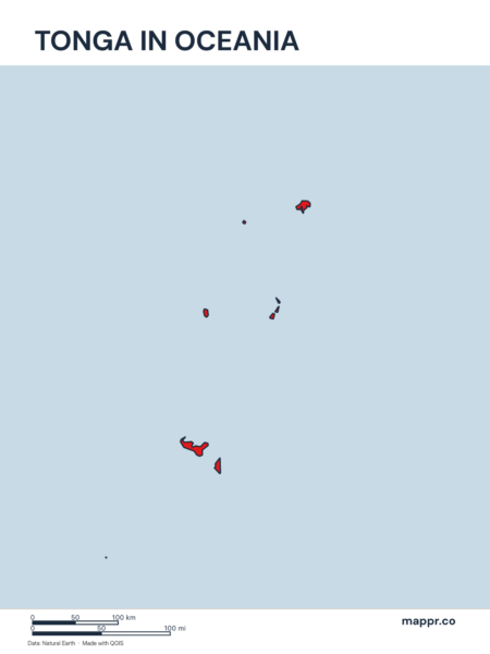 A map highlighting Tonga's location on the oceanian continent.