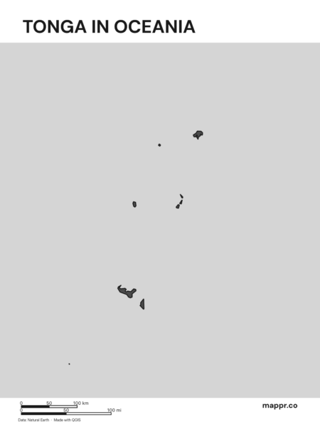 A map highlighting Tonga's location on the oceanian continent (black and white).