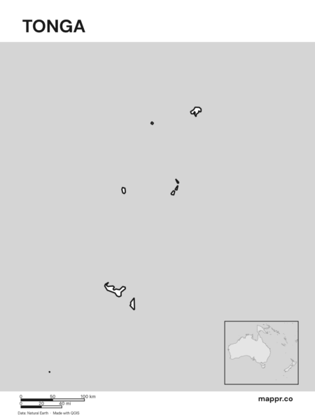 Outline map of Tonga with detailed country borders (black and white).