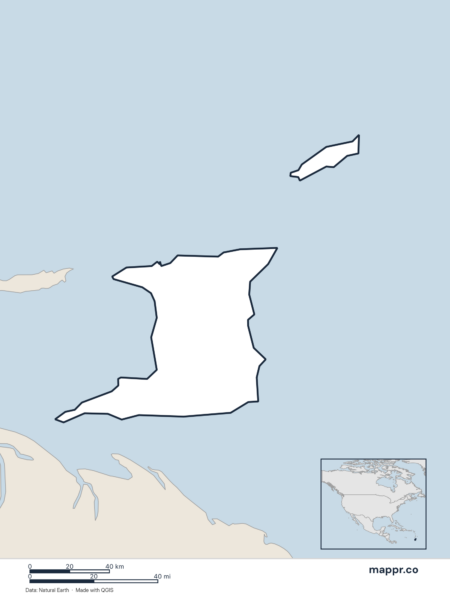 Blank political map of Trinidad and Tobago showing its international borders without labels.
