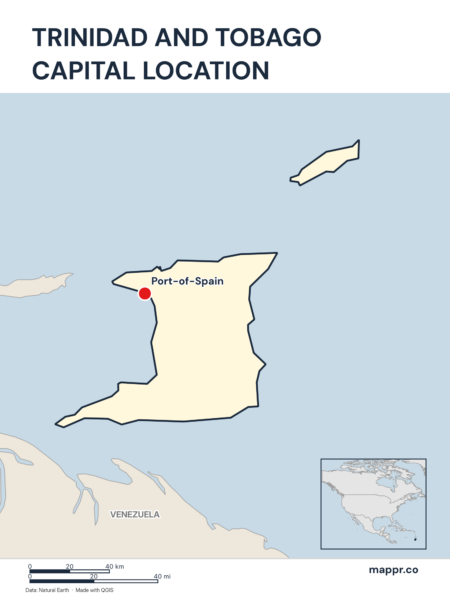 Detailed map pinpointing Port-of-Spain, the capital of Trinidad and Tobago.